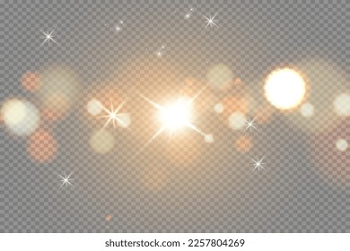 The dust sparks and golden stars shine with special light. Sparkles on a transparent background. Christmas light effect. Sparkling magical dust particles.