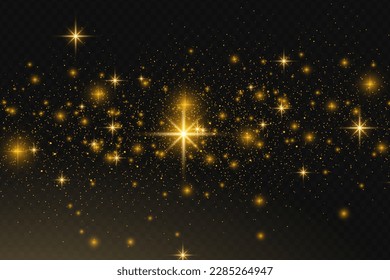 The dust sparks and golden stars shine with special light. Vector sparkles on a transparent background. Christmas light effect. Sparkling magical dust particles.