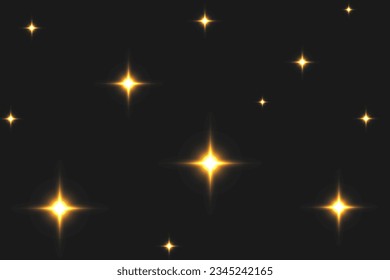 The dust sparks and golden stars shine with special light. Vector sparkles on a transparent background. Christmas light effect. Sparkling magical dust particles.