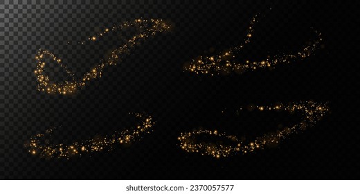 The dust sparks and golden stars shine with special light. Vector sparkles on a transparent background. Christmas light effect. Sparkling magical dust particles.