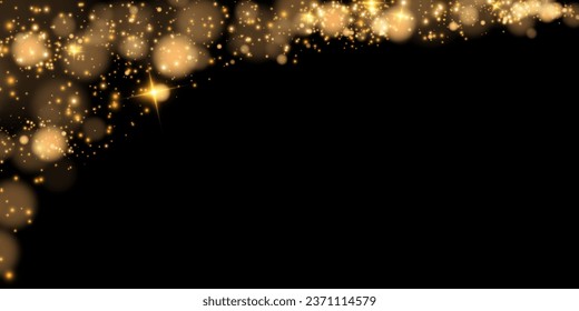 The dust sparks and golden stars shine with special light. Vector sparkles on a transparent background. Christmas light effect. Sparkling magical dust particles.