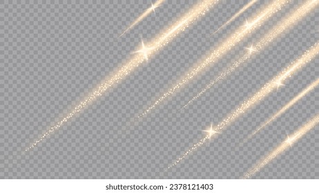 The dust sparks and golden stars shine with special light. Vector sparkles on a transparent background. . Stock royalty free vector illustration. PNG