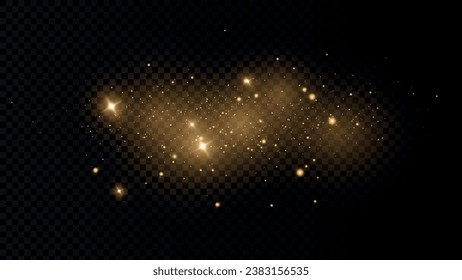 The dust sparks and golden stars shine with special light. Vector sparkles on a transparent background. Christmas light effect. Sparkling magical dust particles.