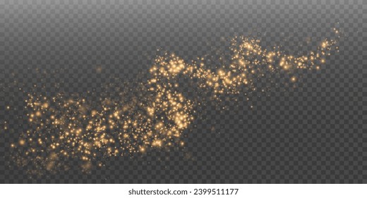 The dust sparks and golden stars shine with special light. Vector sparkles on a transparent background. Christmas light effect. Sparkling magical dust