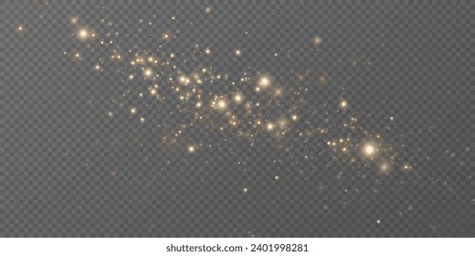 The dust sparks and golden stars shine with special light. Vector sparkles on a transparent background. Christmas light effect. Sparkling magical dust particles.