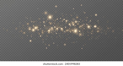 The dust sparks and golden stars shine with special light. Vector sparkles on a transparent background. Christmas light effect. Sparkling magical dust particles.