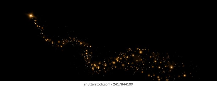 Dust sparks and golden stars shine with special light. Vector sparks on black background. Christmas light effect. Sparkling magic dust particles.	