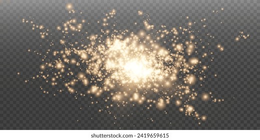 The dust sparks and golden stars shine with special light. Vector sparkles on a transparent background. Christmas light effect. Sparkling magical dust particles.	