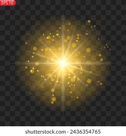 The dust sparks and golden stars shine with special light. Vector sparkles on a transparent background. Christmas light effect. Sparkling magical dust particles.