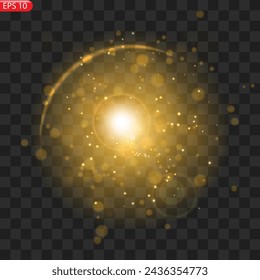 The dust sparks and golden stars shine with special light. Vector sparkles on a transparent background. Christmas light effect. Sparkling magical dust particles.