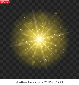 The dust sparks and golden stars shine with special light. Vector sparkles on a transparent background. Christmas light effect. Sparkling magical dust particles.