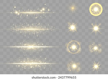 The dust sparks and golden stars shine with special light. Vector sparkles on a transparent background. Christmas light effect. Sparkling magical dust particles.