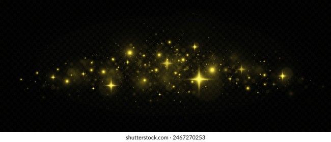 The dust sparks and golden stars shine with special light. Christmas Abstract stylish light effect. Beautiful sparks shine with special light.
