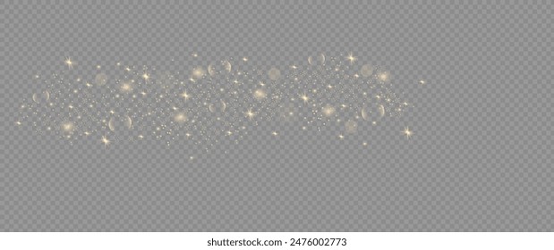 The dust sparks and golden stars shine with special light effect. Vector sparkles on a transparent background. Yellow sequins