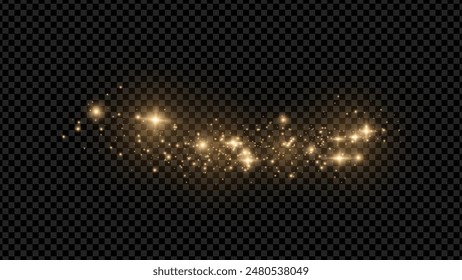 The dust sparks and golden stars shine with special light. Vector sparkles on a transparent background. . Stock royalty free vector illustration. PNG	