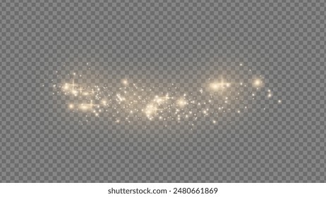 The dust sparks and golden stars shine with special light. Vector sparkles on a transparent background. . Stock royalty free vector illustration. PNG	