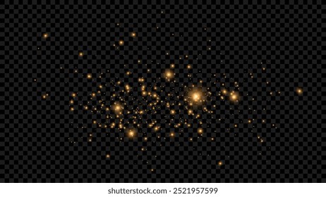 The dust sparks and golden stars shine with special light. Vector sparkles on a transparent background. Stock royalty free vector illustration. PNG	