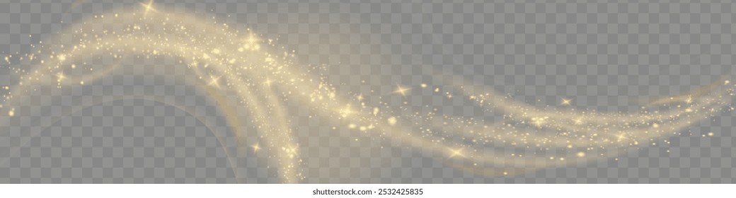 The dust sparks and golden stars shine with special light. Vector sparkles on a transparent background. Christmas light effect. Sparkling magical dust particles.