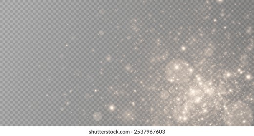The dust sparks and golden stars shine with special light. Vector sparkles on a transparent background. Christmas light effect. Sparkling magical dust particles.