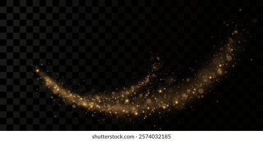 The dust sparks and golden stars shine with special light. Vector sparkles on a transparent background. Christmas light effect. Sparkling magical dust particles.