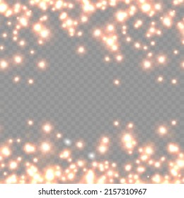 The dust sparks and red stars shine with special light. Red glitter sparkles on transparent background. Design a template for banner, poster and greeting cards. Christmas pattern. Vector illustration.