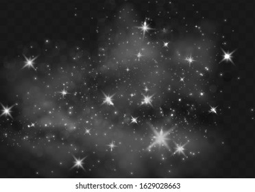 The dust sparks and  stars shine with special light effect on transparent background.Sparkling magical dust particles on dark background. Glow light effect vector illustration.