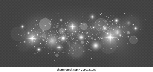 The dust sparks, stars shine with special light. White sparks and stars glitter special light effect. Christmas abstract pattern.