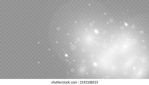 Dust sparks and stars shine with a special light. Christmas light effect. Glittering particles of magic dust.Vector sparkles on a transparent background.