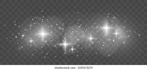 The dust sparks, stars shine with special light. White sparks and stars glitter special light effect. Christmas abstract pattern.