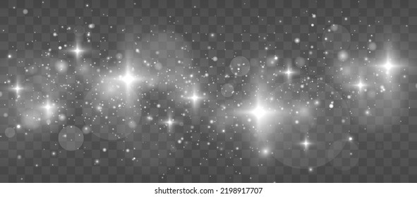 The dust sparks, stars shine with special light. White sparks and stars glitter special light effect. Christmas abstract pattern.