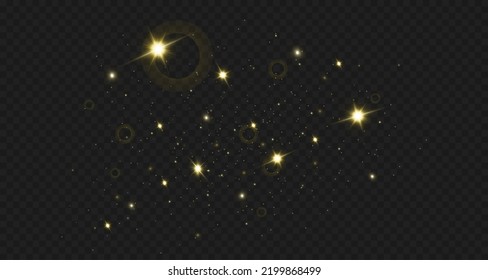 Dust sparks and stars shine with a special light. Christmas light effect. Glittering particles of magic dust.Vector sparkles on a transparent background.