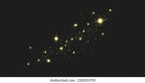 Dust sparks and stars shine with a special light. Christmas light effect. Glittering particles of magic dust.Vector sparkles on a transparent background.