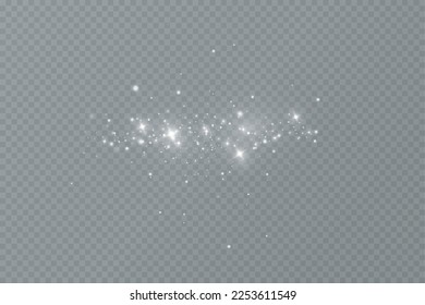 Dust sparks and stars shine with a special light. Christmas light effect. Glittering particles of magic dust.Vector sparkles on a transparent background.