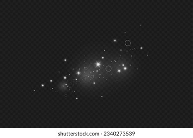 Dust sparks and stars shine with a special light. Christmas light effect. Glittering particles of magic dust.Vector sparkles on a transparent background.