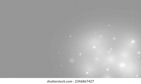 Dust sparks and stars shine with a special light. Christmas light effect. Glittering particles of magic dust.Vector sparkles on a transparent background.