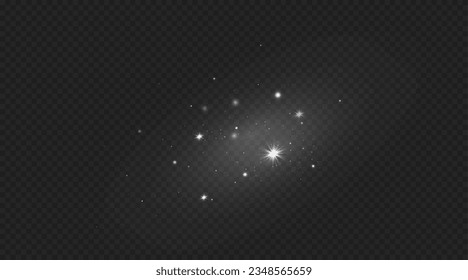 El polvo brilla y las estrellas brillan con una luz especial. efecto de luz navideña. Partículas brillantes de polvo mágico.El vector brilla sobre un fondo transparente.