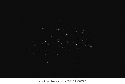 Dust sparks and stars shine with a special light. Christmas light effect. Glittering particles of magic dust.Vector sparkles on a transparent background.