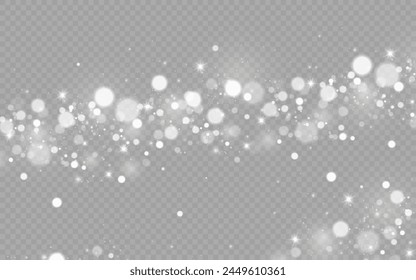 Dust sparks and stars shine with a special light. Christmas light effect. Glittering particles of magic dust.Vector sparkles on a transparent background.