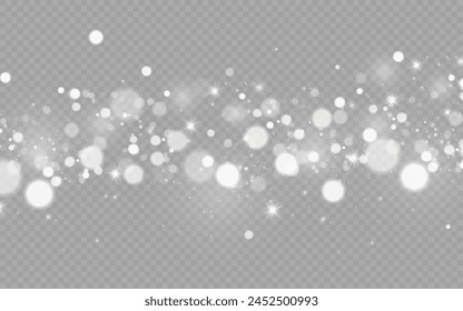 Dust sparks and stars shine with a special light. Christmas light effect. Glittering particles of magic dust.Vector sparkles on a transparent background.