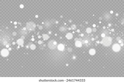 Dust sparks and stars shine with a special light. Christmas light effect. Glittering particles of magic dust.Vector sparkles on a transparent background.