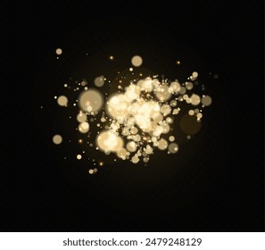 Dust sparks and stars shine with a special light. Christmas light effect. Glittering particles of magic dust.Vector sparkles on a transparent background.