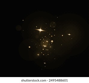 Dust sparks and stars shine with a special light. Christmas light effect. Glittering particles of magic dust.Vector sparkles on a transparent background.