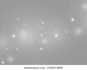 Dust sparks and stars shine with a special light. Christmas light effect. Glittering particles of magic dust.Vector sparkles on a transparent background.