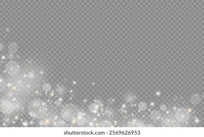 Dust sparks and stars shine with a special light. Christmas light effect. Glittering particles of magic dust.Vector sparkles on a transparent background.