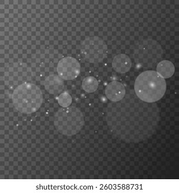 The dust sparks and stars shine with special light. Vector sparkles on a transparent background. Vector illustration. White shimmering background with light effect