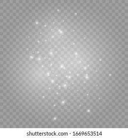 The dust sparks and white stars shine with special light. Vector sparkles on a transparent background. Christmas light effect. Sparkling magical dust particles.