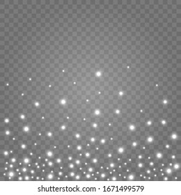 The dust sparks and white stars shine with special light. Vector sparkles on a transparent background. Christmas light effect. Sparkling magical dust particles.