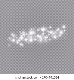 The dust sparks and white stars shine with special light. Vector sparkles on a transparent background. Christmas light effect. Sparkling magical dust particles.