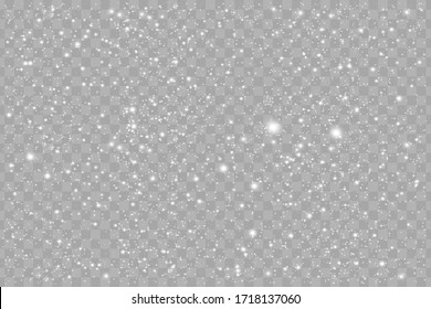 The dust sparks and white stars shine with special light. Vector sparkles on a transparent background. Christmas light effect. Sparkling magical dust particles.