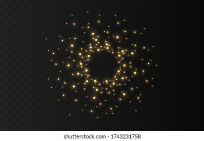 The dust sparks and white stars shine with special light. Vector sparkles on a transparent background. Christmas light effect. Sparkling magical dust particles.